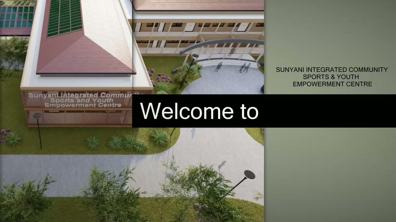 Architectural aerial render of the Sunyani Integrated Community Sports and Youth Empowerment Centre