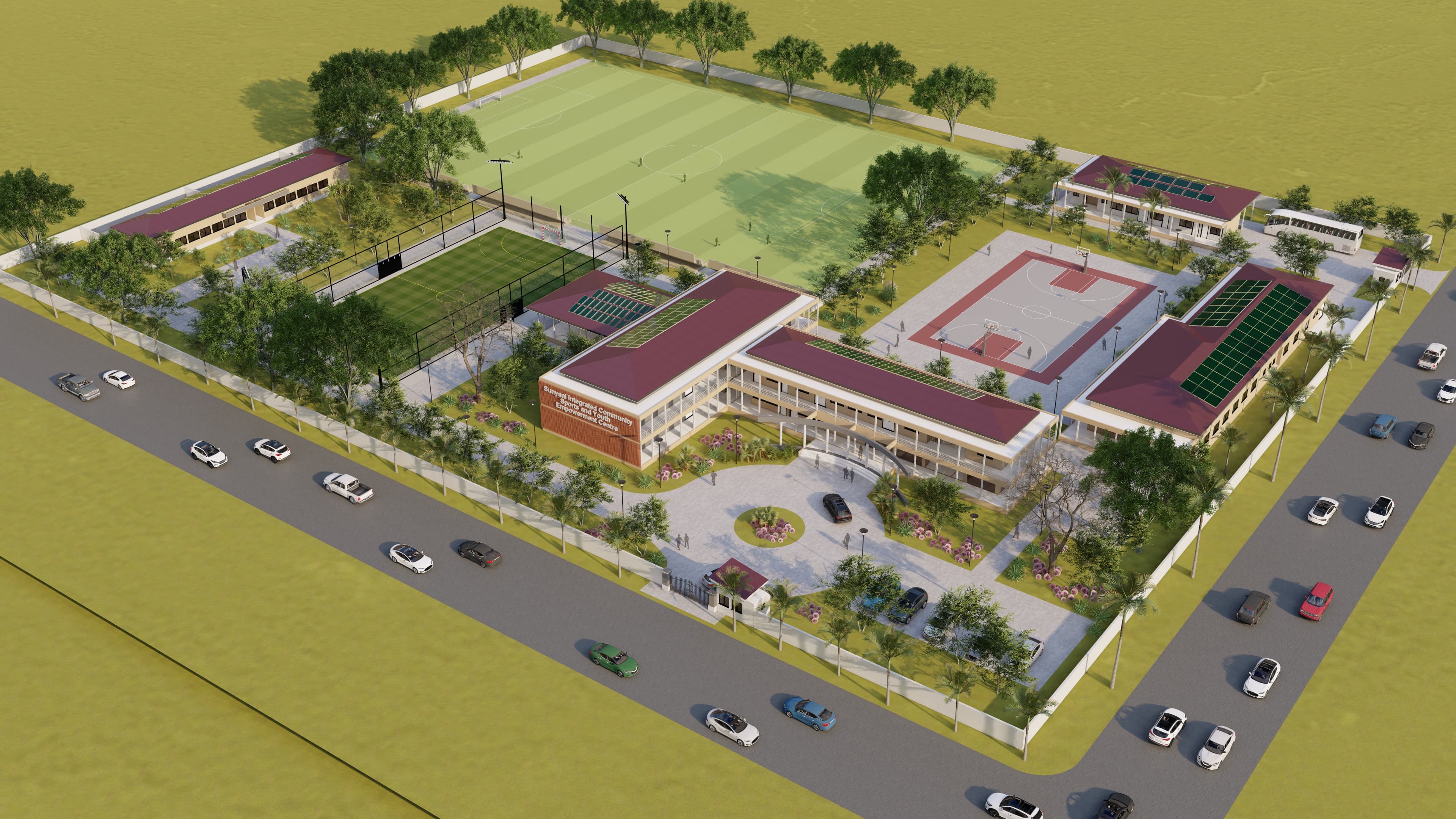 Architectural aerial render of the Sunyani Integrated Community Sports and Youth Empowerment Centre