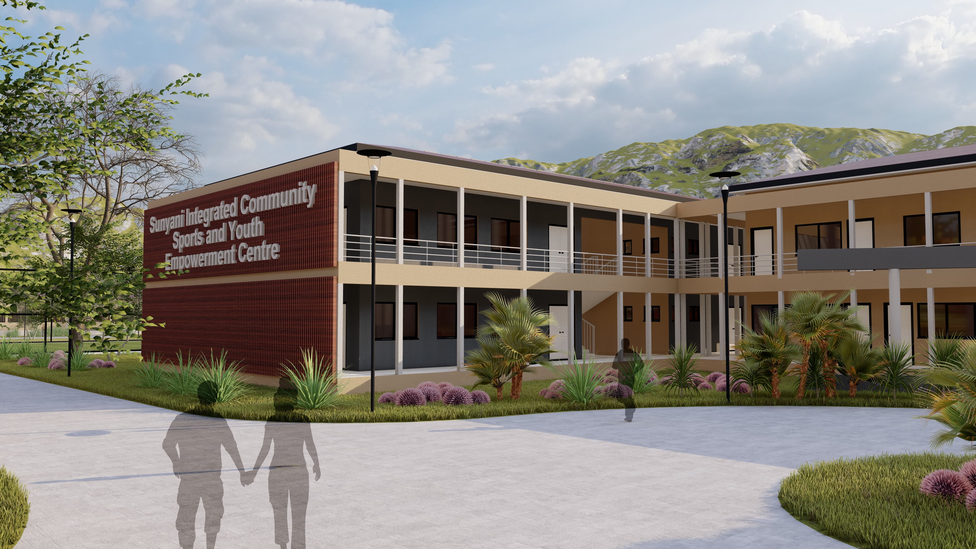 Exterior render of the Sunyani Centre main building and walkways